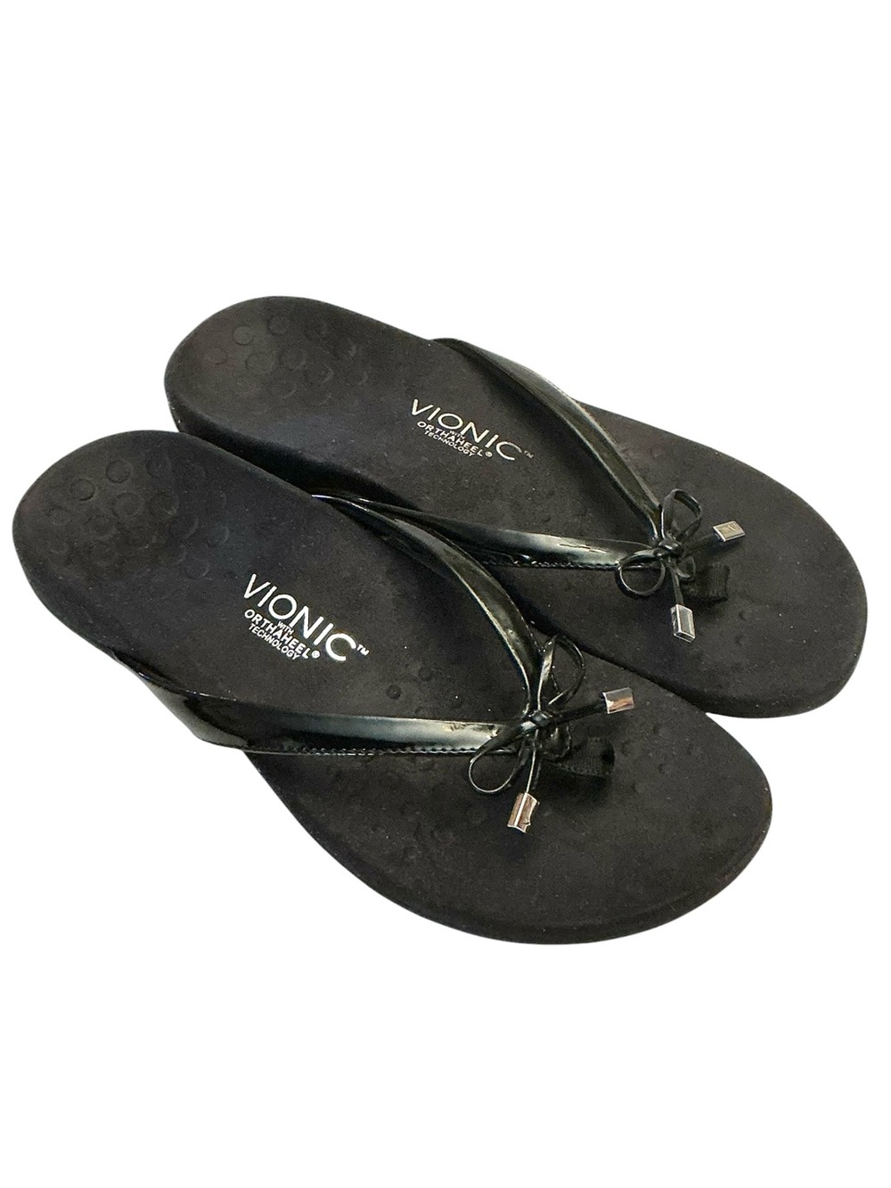Vionic  Bella II Black Patent Bow Toe-Post Thong Slip on Ortho Sandal Sz-10 Wide - Picture 3 of 15
